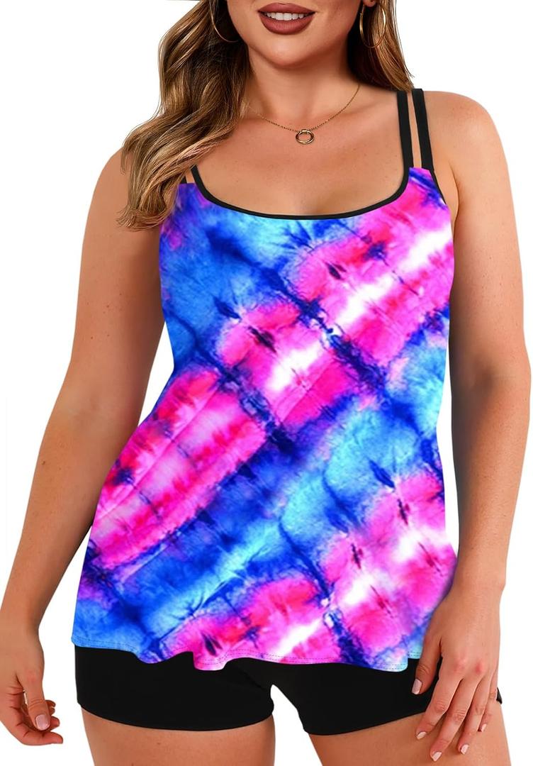 leHaloumoning Plus Size Swimsuit for Women with Swim Shorts Two Piece Bathing Suits Tankini Tie Dye Print Tank Tops Swimwear Dark Purple, M