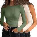 Ficerd 3 Pack Women's Ribbed Long Sleeve Tops, Crew Neck Slim Fit Undershirts Knit Basic Casual Stretch Layering Tee Shirts (X-Large, Light Beige, Matcha Green, Orange)