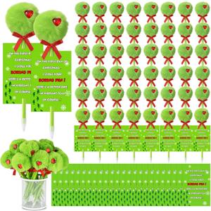 Ctosree Christmas Green Plush Fuzzy Pompom Ballpoint Pens with 6x9cm Pen Insert Cards - Festive Red Gift Bow & 3D Heart Design, Holiday Party Favors Gift Pens for Christmas Classroom Gifts