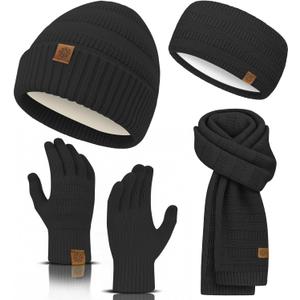 Winter Beanie Hat Scarf Gloves Headband Set  Knit Beanie, Warm Scarf, Touchscreen Gloves & Ear Warmer, Gift for Women & Men (Black)