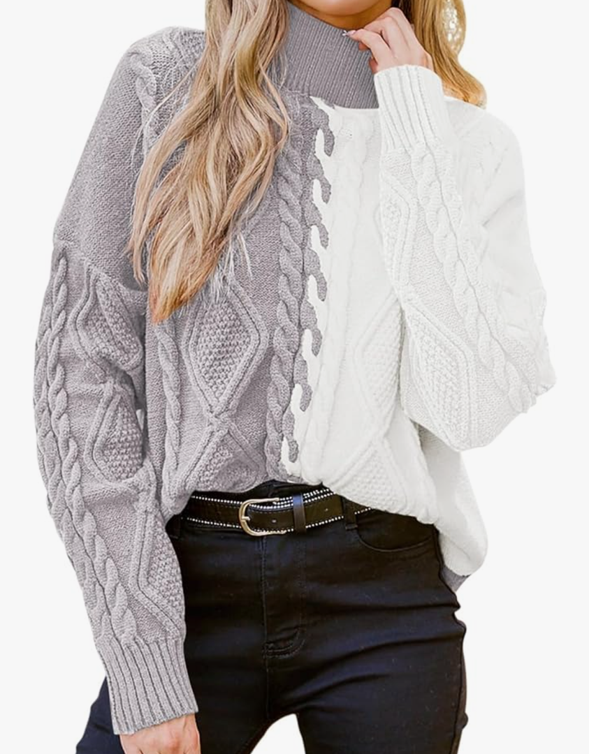 Pink Queen Women's Chunky Sweaters 2025 Fall Winter Long Sleeve Mock Neck Cable Knit Colorblock Pullover Jumper Tops Size M