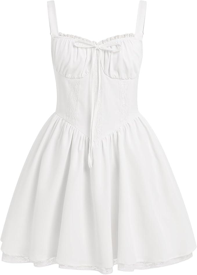 Women's Corset Mini Dress Spaghetti Straps Backless Lace up Low Cut Ruffle Short Dress Sundress, Large