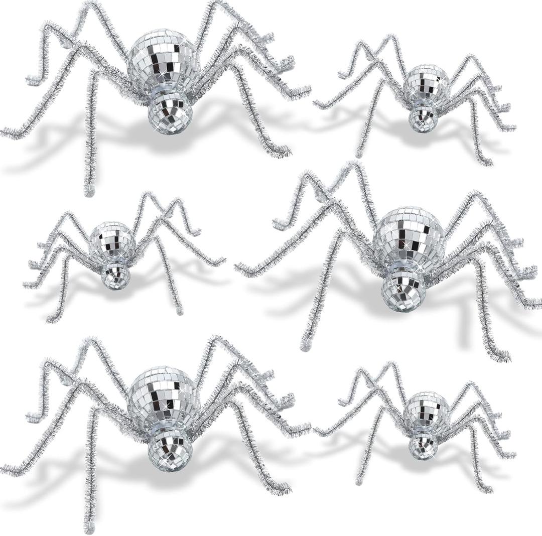 6pcs Halloween Disco Spider Decor 7.9'' 3.9'' Fake Spider Disco Ball Table Decoration Silver Vintage Glitter Mosaic Mirror Web Ornament for Indoor Tabletop Haunted House Hanging Prop Party Decor