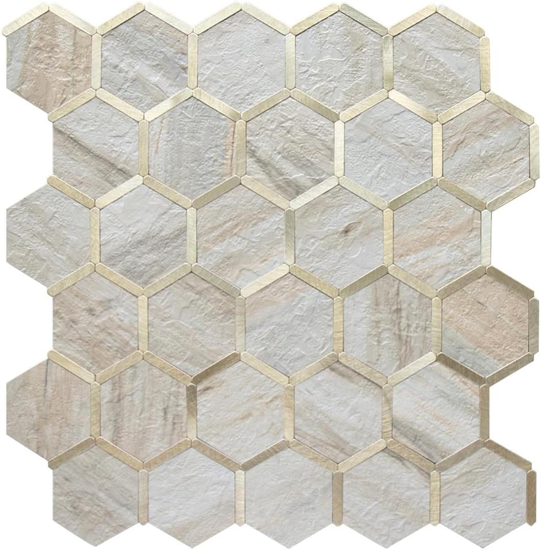 DICOFUN 10-Sheet Hexagon Peel and Stick Backsplash Tile, Beige Slate Mixed Gold Kitchen Backsplash Peel and Stick Wall Tiles