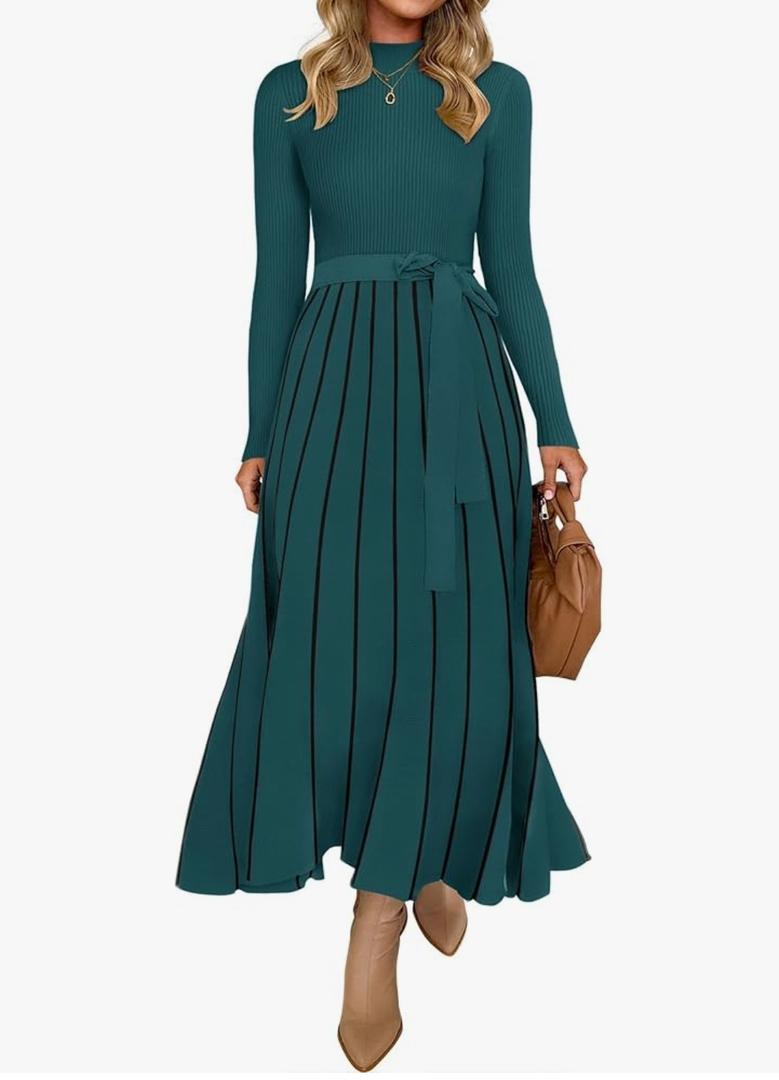 ZESICA Womens 2025 Fall Turtleneck Long Sleeve Sweater Dress Tie Waist Casual Loose Ribbed Knit A Line Midi Dresses Small Teal