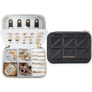 BAGSMART Travel Jewelry Box, Small PU Leather Jewelry Organizer, Portable Double Layer Case for Necklaces, Rings, Earrings, Bracelets, Black