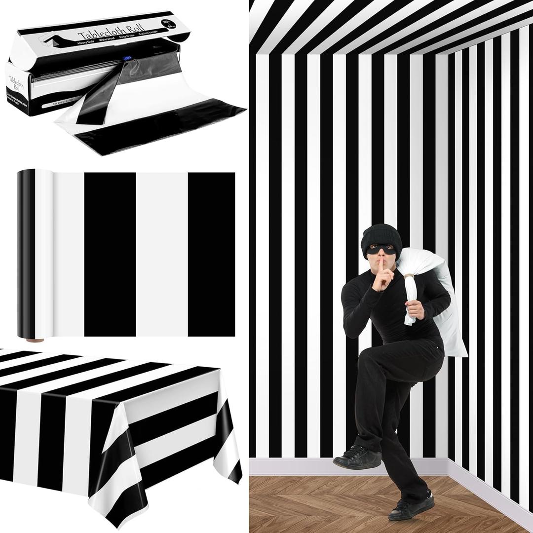 100 Ft x 54 Inch Black & White Striped Tablecloth Roll with Cutter Box Disposable Halloween Plastic Tablecloth Cut to Size Table Cover Backdrop for Halloween Backdrop Stage Party Supplies