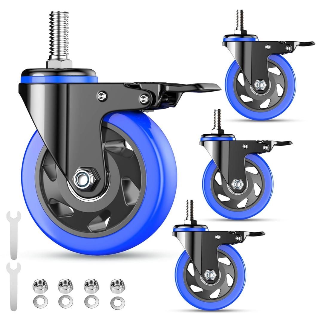 3 Inch Caster Wheels Heavy Duty Stem Caster 1600Lbs, Threaded Stem Casters 1/2"-13 x 1(Stem Diameter 1/2", Stem Length 1"), Safety Locking Caster Set of 4, Industrial Castor Wheels for Cart, Furniture
