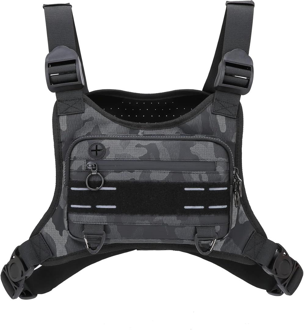 Muserise Sports Chest Bag For Men Women, Water Resistant Lightweight Front Chest Pack, Running Vest Bag With Built-In Phone Holder & Extra Storage For Workouts, Running, Cycling (Camo)