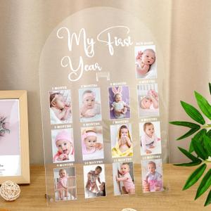 My First Year Photo Frame Acrylic 18 x 12 Inch Large 12 Monthly Milestone Photo Board Picture Frame Display Hanging/Standing Baby Memories Collage Gift for 1st Birthday Newborn Keepsake