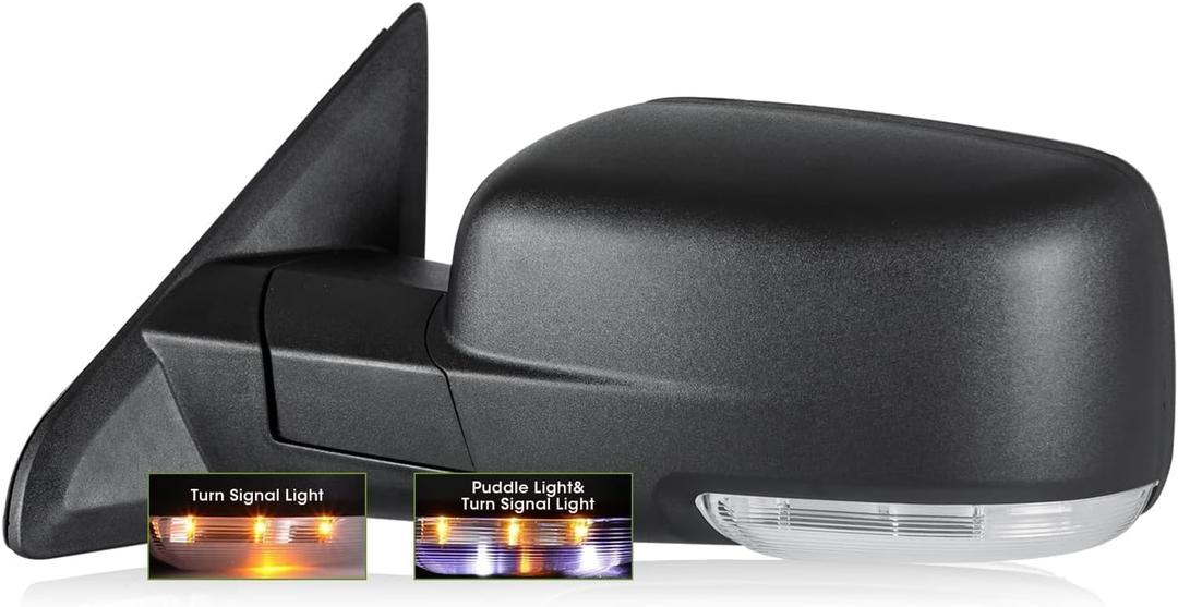 Driver Side Mirror for 2009-2018 Ram 1500 2010-2018 Ram 2500 3500 2019-2024 1500 Classic Tow Mirror Power Heated Turn Signal Puddle Light Manual Folding-Left (Textured Black)