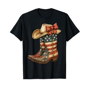 Retro Western Cowboy Boots Cowgirl American Flag 4th of July T-Shirt L Ladies