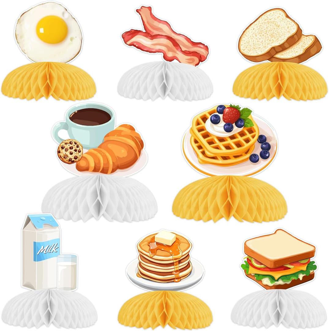 Funmemoir Breakfast Party Decorations - 8PCS Honeycomb Centerpieces, Breakfast Brunch Bacon Fried Bread Food Theme Birthday Party Baby Shower Bachelorette Bridal Shower Table Decorations