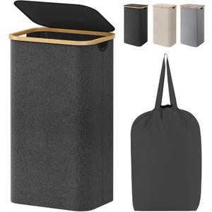 Lifewit 100L Laundry Basket with Lid, Clothes Hampers for Laundry with Bamboo Handles and A Removable Bag, Large Foldable Laundry Hamper for Bedroom, Bathroom, Dorm, Laundry Room, Dark Gray
