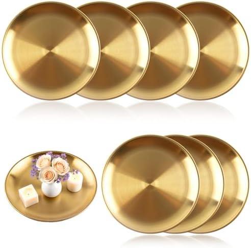 6Pcs Gold Round Tray - Decorative Serving Bar Dish Key Bowl Mirror Dresser Vanity Tray for Jewelry Makeup Organizer, Bathroom, Candle, Perfume, Countertop (9 Inch)