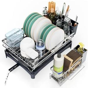 Dish Drying Rack, 304 Stainless Steel Dish Racks for Kitchen Counter with Cutlery Holder & Sponge Holder, Large Dish Drainer with Removable Drainboard, 11.8''W x 16.7''L (Stainless Steel)