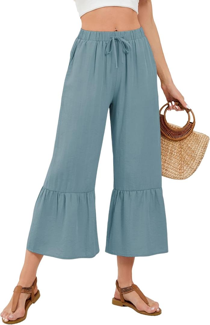 Himosyber Womens Cotton Wide Leg Cropped Pants Casual Drawstring Elastic Waisted Ruffle Hem Palazzo Pants with Pockets (S)