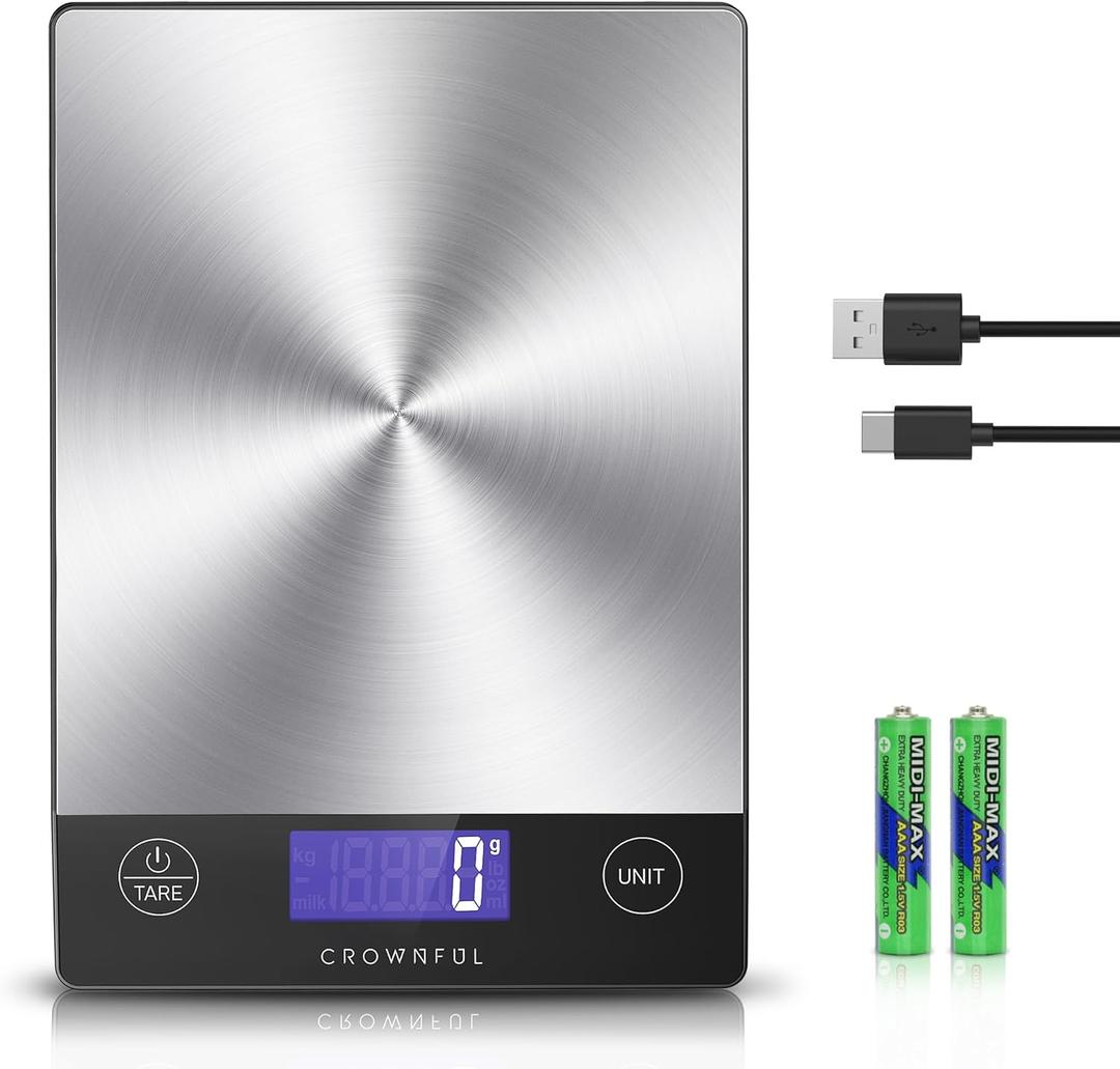 CROWNFUL Food Scale, 33lb Rechargeable 304 Stainless Steel Digital Kitchen Scale Weight Grams and Ounces with LCD Display and Type-C Charging for Meal Prep, Baking and Cooking