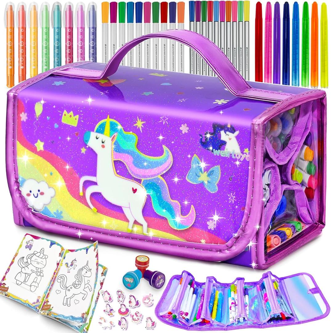 56 PCS Washable Scented Markers Set with Glitter Pencil Case, Mermaid Unicorn Arts and Crafts for kids 4-6-8 Kids Coloring Drawing Kits for 4-8 Years Old Girls Birthday Gifts