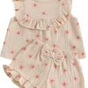 BemeyourBBs Summer Toddler Girl Clothes Baby Girl Ruffle Sleeveless Shirt with Buttons Bow Bloomers Shorts Set Cute Outfits (6-12 Months, Floral Khaki)
