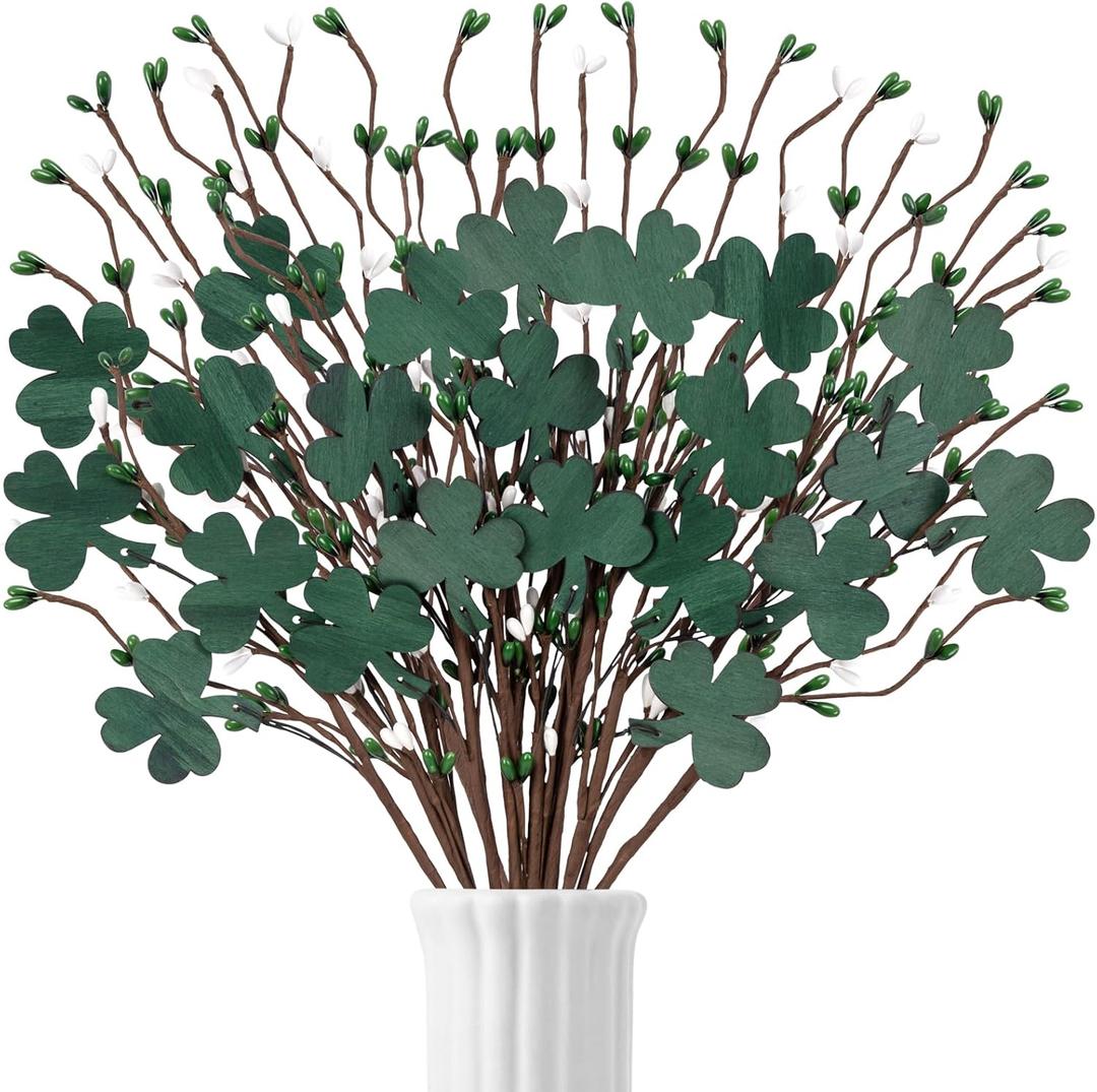 20Pcs St Patricks Day Decorations Shamrock Picks Decor Artificial Floral Stems for Party Table Centerpiece