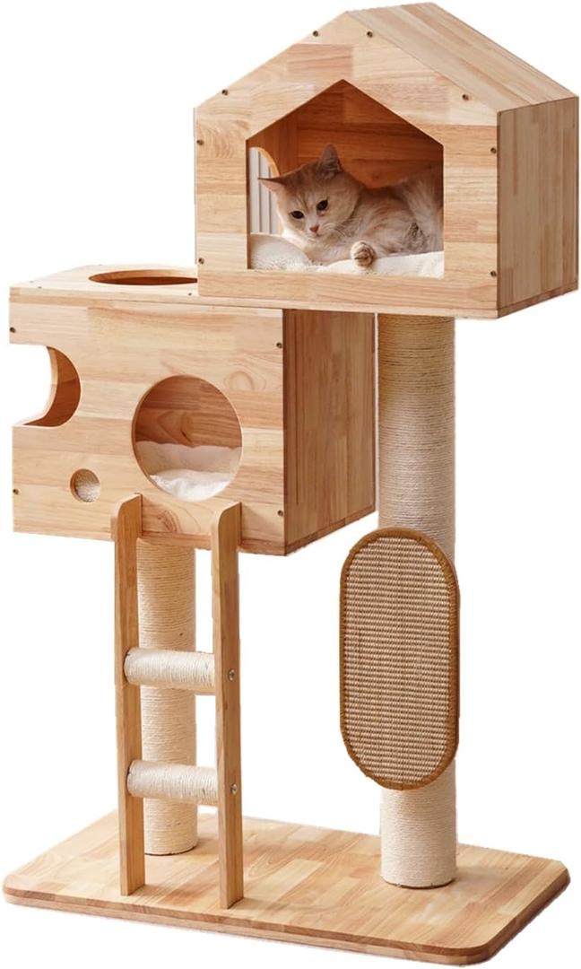 SHENGOCASE Modern Real Solid Rubber Wood Large Cat Tree Tower Castle with Big Enclosed Bed, House Condo, Scratching Post and Sisal Scratcher with Ladder for Multiple Cats