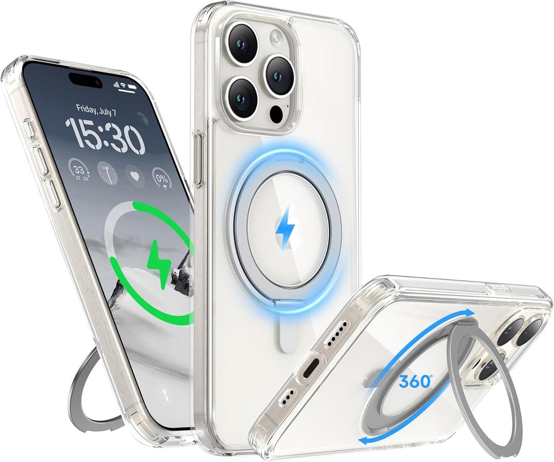 for iPhone 15 Pro Case 6.1-Inch with Magnetic 360 Ring Stand Compatible with MagSafe Crystal Clear Shockproof Protective Phone Cover 6.1" 2023, Clear