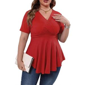 Gocolloa Plus Size Tops for Women Summer Short Sleeve V Neck Casual Shirts Dressy Pleated Wrap Tunic Top Blouses (Red)