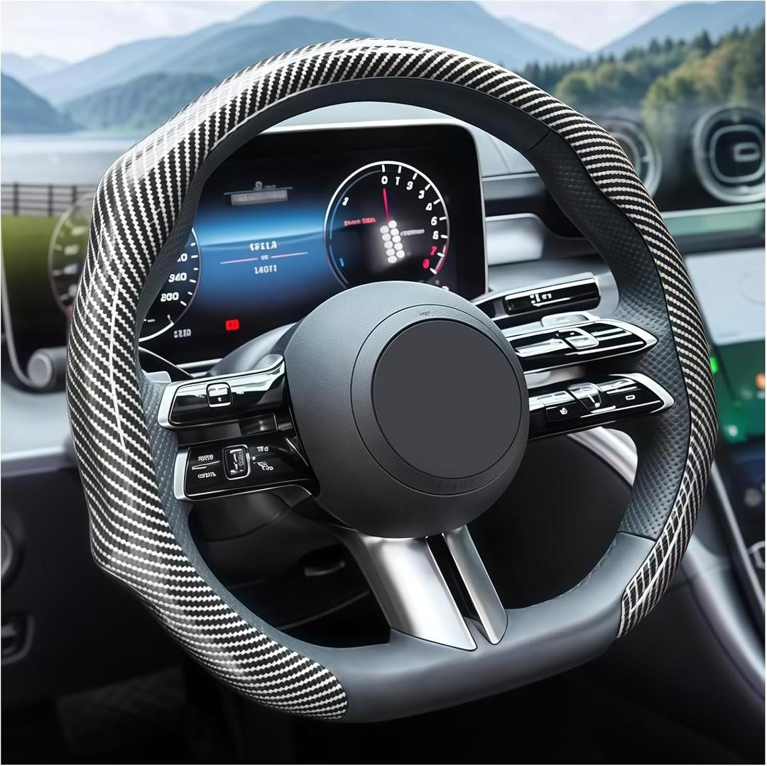 Zpana Carbon Fiber Car Steering Wheel Cover, Leather Non-Slip Vehicle Steering Wheel Cover for 14.5-15 Inch, Comfortable Auto Interior Protector Decoration Accessories, Universal Fit(Silver)