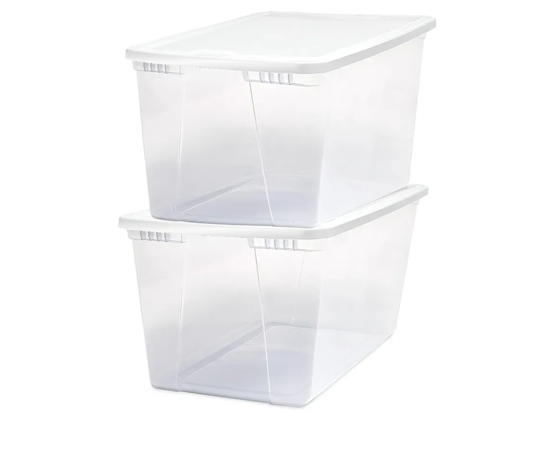 HOMZ 2-Pack Snaplock, Large Clear Plastic Storage Organizer Bins w/Lids, 56 Quart, White - Stackable Container Boxes for Bedroom, Bathroom, Garage, and Office Organization