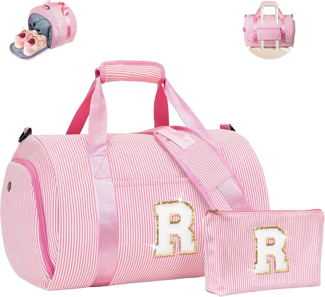 Gift for Grandkids, Girls Travel Duffle Bag, Kids Initial Overnight Bags with Shoe Compartment, Personalized Weekender Bag with Makeup Pouch, 10 Year Old Girl Birthday Gifts (Letter R)