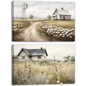Barn Wall Art 2 Piece Rustic Farmhouse Picture Print On Canvas Beautiful Field Wildflower Windmill Painting Framed For Bathroom Bedroom Living Room Office Wall Decor(Artwork-5,12"x16"x2pcs)