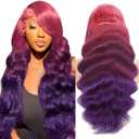 Purple Ombre 13x4 HD Lace Front Wig Human Hair Body Wave 3 Tone Pink to Purple Glueless Wigs Dark Pink Root Rainbow Colored Lace Frontal Wig 180% Density 26 Inch