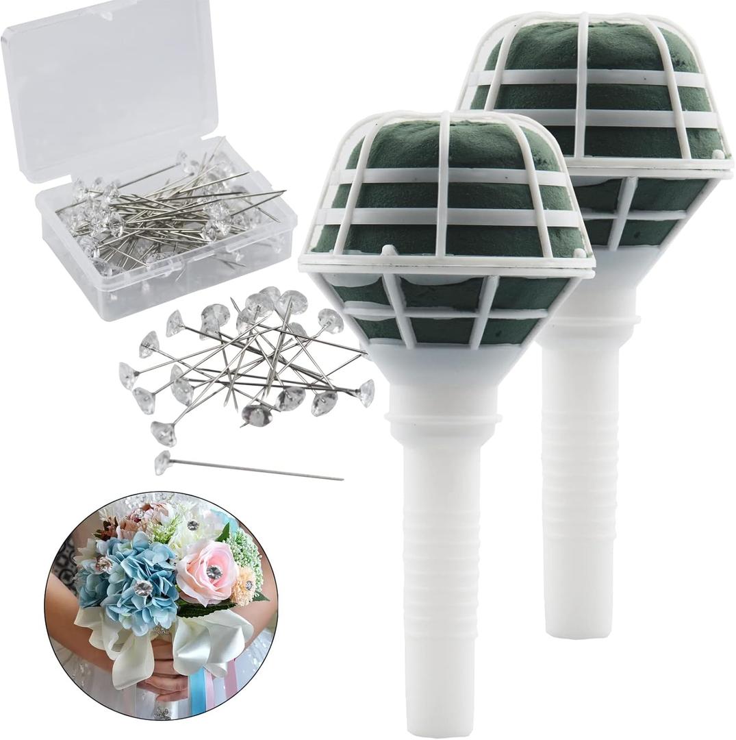 Arlai 2pcs 7.1" Bridal Bouquet Stand Wedding Bridal Bouquet Holder Foam Flower Handles (Green+White), with 50pcs Bouquet Pin Brooch Flower Pin Teardrop Pearl Head Pin for Bride Artificial Flower