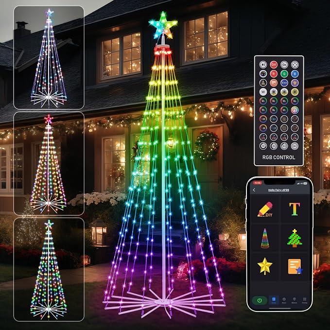FANCILLUMA 6 FT 265 LED Outdoor Smart Christmas Cone Tree Lights RGB Color Changing, DIY Multicolor Lightshow, APP & Remote Control, Music Sync Timer Waterproof Outdoor Christmas Decoration s