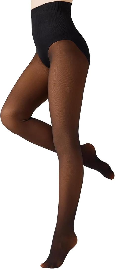 Aaronano Womens Fleece Lined Tights Control Top Triangle Crotch Thermal Leggings Fake Translucent Warm Stockings (Small-Medium, Tan)