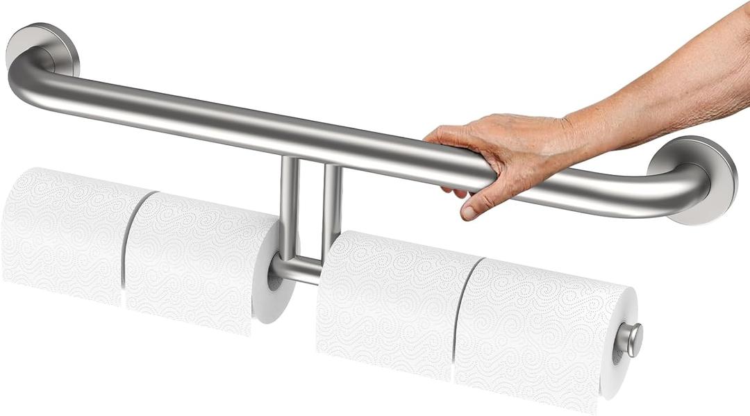 Brushed Nickel Double Toilet Paper Holder w/Safety Bar 24 inch, Zepolu 2-in-1 Assist Bar Balanced Support Handle, Stainless Steel Wall Mounted Bathroom Toilet Grab Bar for Senior Elderly Handicap