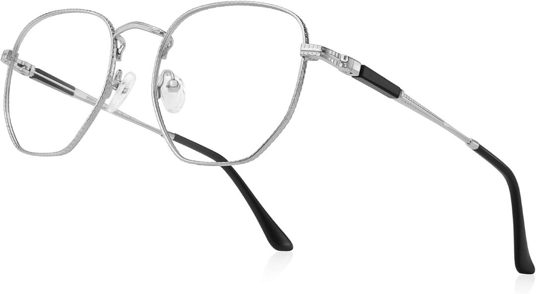 Classic Square Polygon Reading Glasses for Men Women Light Blocking Computer Readers Spring Hinge Metal Frame (Silver)