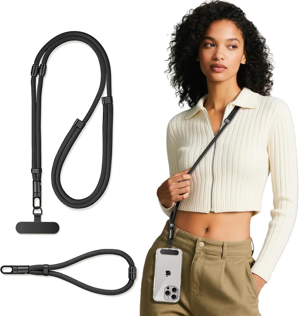 3-IN-1 Phone Lanyard+Wrist Strap Kit, Adjustable Phone Strap Crossbody for iPhone and Most Smartphones (Black)