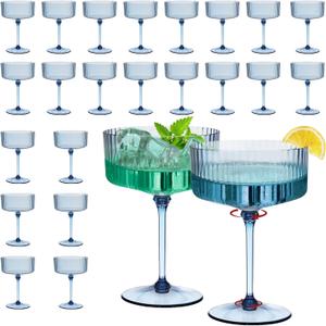 CALBODE 24Pcs Plastic Martini Glasses with Detachable Stems, 10oz Plasitc Ribbed Coupe Glasses Blue Vintage Cocktail Glassware Set Toasting Glasses for Party Wedding Anniversary