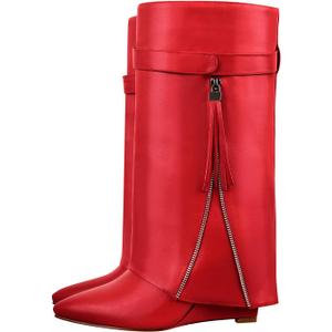 LISHAN Red Wedge Heel Long Boots for Women Knee High Fold over Shark Chunky Block Heel Slip on Pointed Toe Pull on Shoes Soft Pu Wide Calf Goth Boots Size 9.5 ( Red )