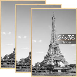 upsimples 24x36 Poster Frame Natural 3 Pack, Scratch-Proof Picture Frames 24 x 36 for Photo Gallery - Slide-In Strips, Horizontal or Vertical Wall Mounting
