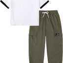 Betusline Girls 2 Piece Summer Outfits,Black Simplicity Cute Short Sleeve Crop Tops + Green Cargo Jogger Pants Clothes,7-8 Years 