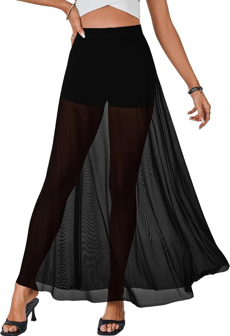 KIFOVEN Women's Sexy Sheer Mesh Maxi Skirt High Waisted A-Line Flowy See Through Long Skirts Clubwear Beach Cover Up (Black, M)