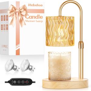 Mabahoo Candle Warmer Lamp with Timer, Birthday Gifts for Women Mom, Height Adjustable Candle Lamp Warmer for Jar Candles, Dimmable Wax Melt Warmer with 2 Bulbs, House Warming Gifts New Home Decor (Amber)