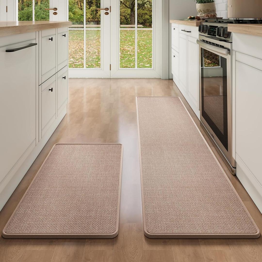 Long Kitchen Runner Rugs Sets of 2 PCS Non Slip Washable, Linen-Like 0.3" Thick Cushioned Absorbent Kitchen Mats for Floor, Mild Anti-Fatigue Sink Laundry Standing Mat, Brown 17"x30"+17"x71"