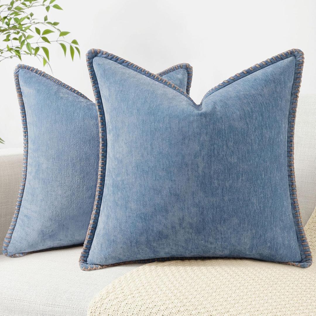 decorUhome Chenille Soft Cozy Throw Pillow Covers 24x24 Set of 2, Modern Farmhouse Boho Velvet Decorative Euro Sham Pillow Cases with Stitched Edge for Couch Sofa Bed Home Decor, Blue