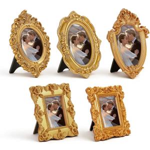 5 Pcs Mini Gold Frames with Backing, Mini Vintage Picture Frame Set Small Baroque Resin Photo Frame for Tabletop, Wall Decor, Bedroom, Living Room (Without Glass)