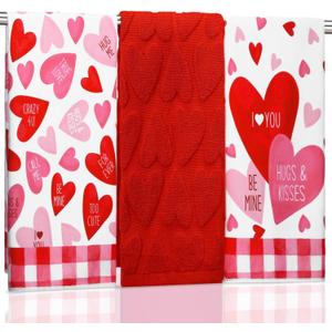 Moukeren 3 Pcs Valentine's Day Hand Towels 16" x 28" Red Pink Heart Decorative Bathroom Towels Valentine's Day Cotton Absorbent Gift Set for Kitchen Bathroom Gift Decor
