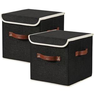 VinneGenzz 2PCS Storage Cubes with Lid Fabric Storage Bins Boxes PU Leather Handles Cotton Linen Closet Organizer Container Decorative Foldable Washable Shelf Cloth Basket (Flip-top Lid, Black, 11in)